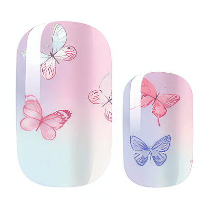 Pink and blue gradient nail wraps with butterfly pattern for spring nail art