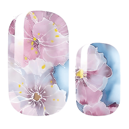Pink and blue floral nail wraps with watercolour blossom pattern design