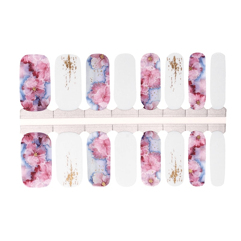 Sheet of pink and purple floral non-UV nail wraps with gold foil accents