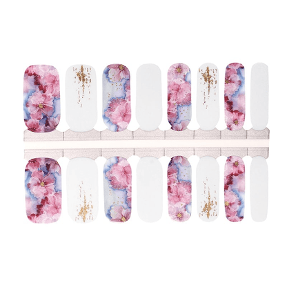 Sheet of pink and purple floral non-UV nail wraps with gold foil accents