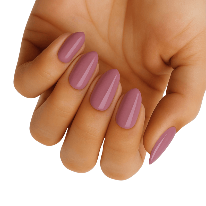 Dusty rose pink glossy nail wraps in an almond shape, solid colour finish.