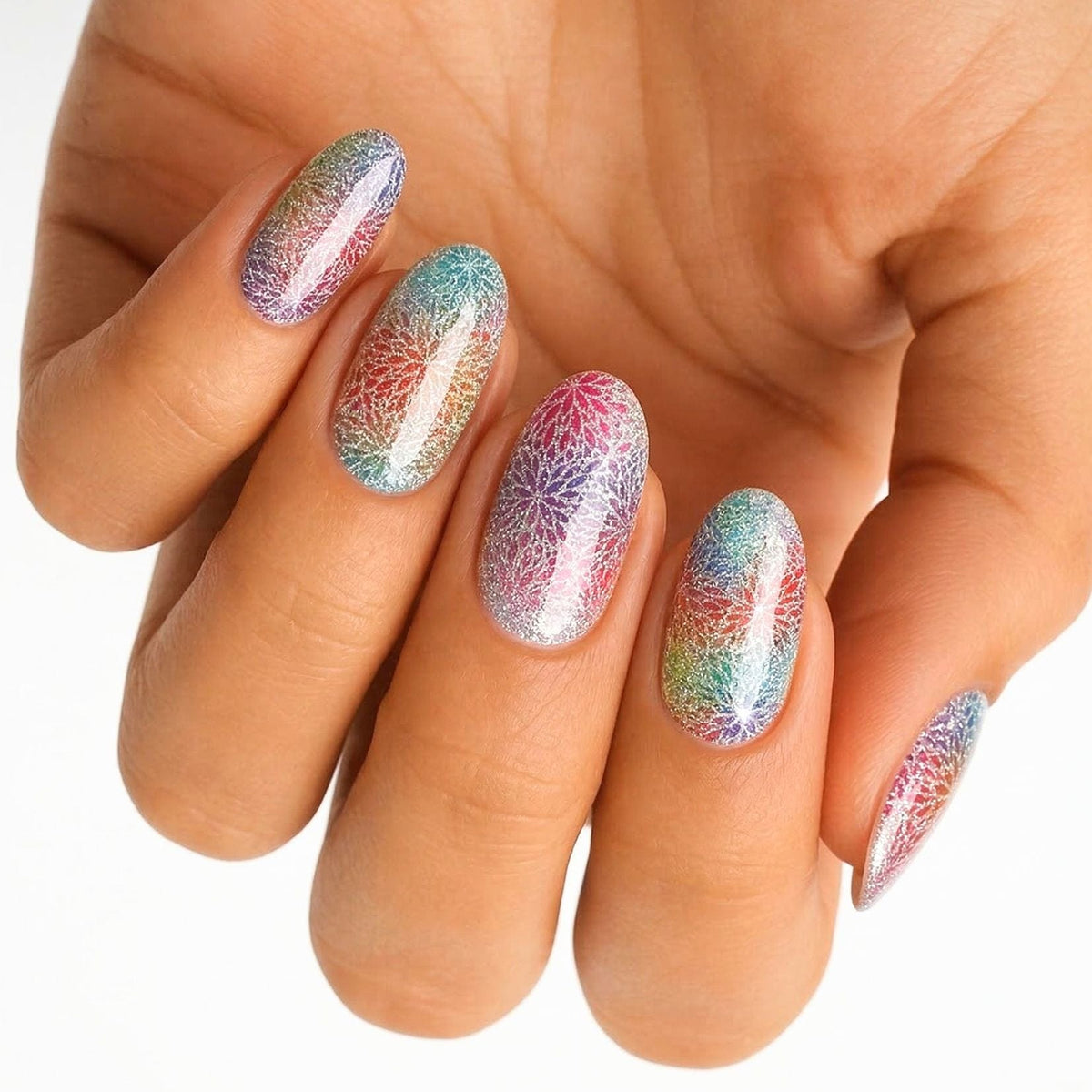 Holy Classics nail wraps, shimmery crackled kaleidoscope pattern in rainbow pastel tones
