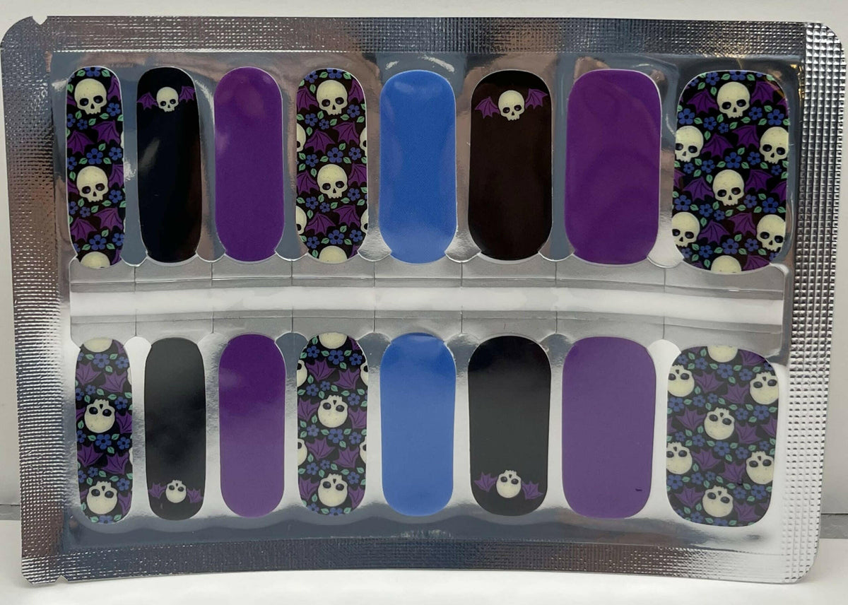 Purple black skull pattern nail wraps sheet with gothic Halloween nail art designs