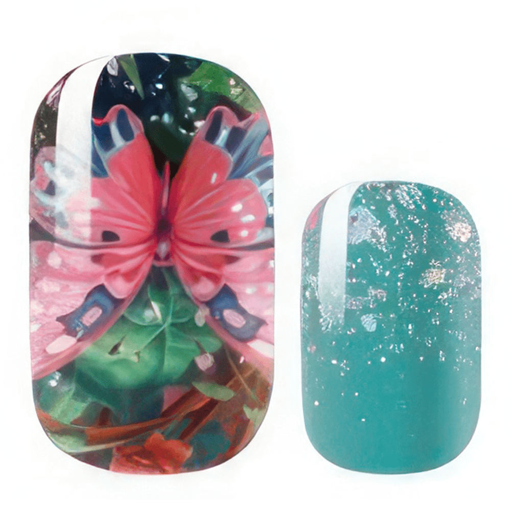 Non-UV nail wraps with pink butterfly floral print and teal glitter ombré accent nail