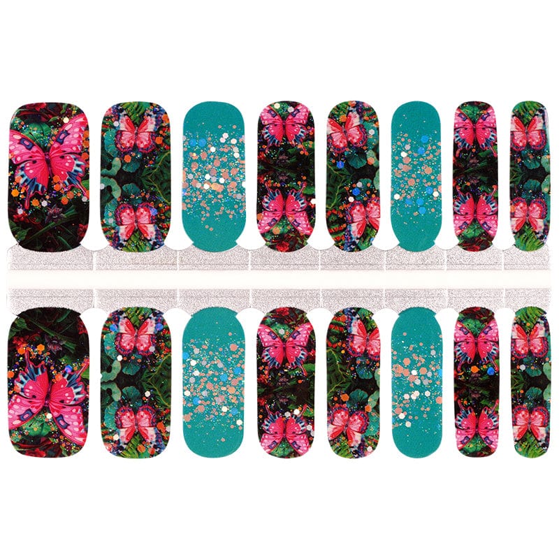 Nail wraps with pink butterflies on dark foliage print and teal glitter accent nails