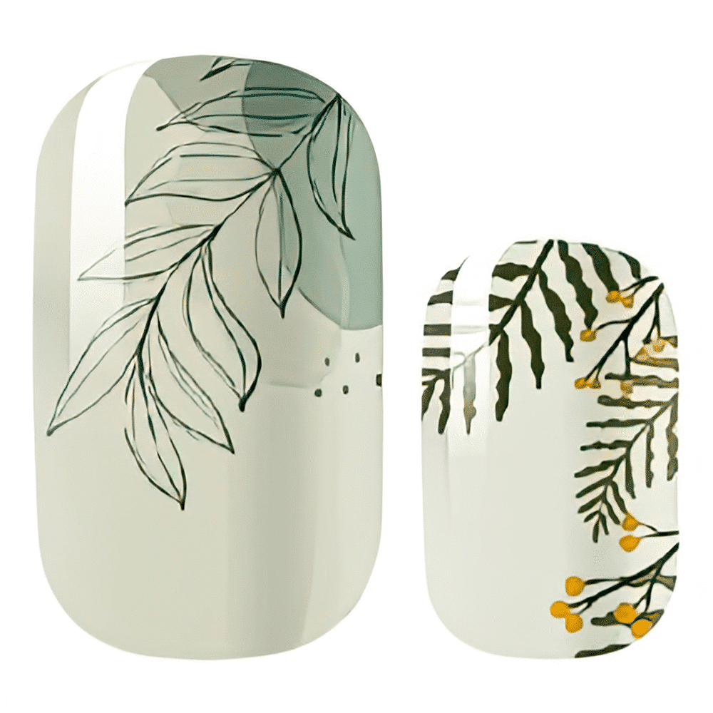 Sage green nail wraps with botanical leaf outlines and mustard berry branch accents