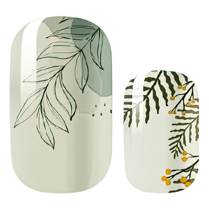 Sage green nail wraps with botanical leaf outlines and mustard berry branch accents