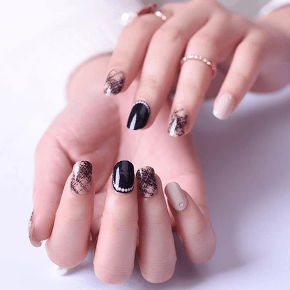 Holy Classics nail wraps: nude and black tweed plaid design with pearl accent details