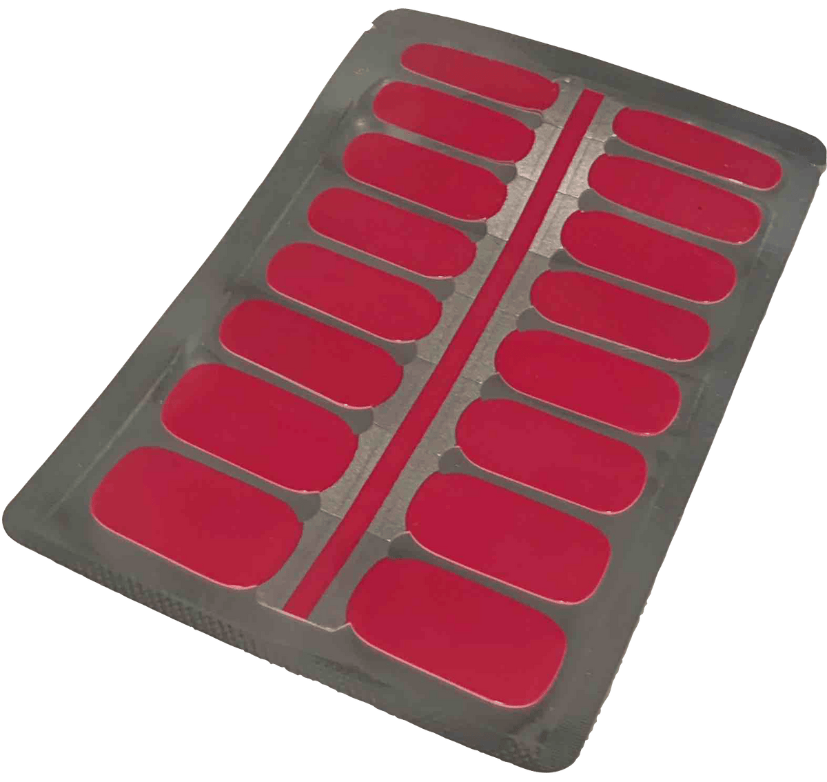 Sheet of solid deep red, glossy non-UV nail wraps, full set of sixteen.