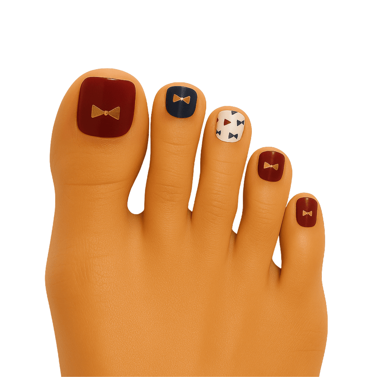 Autumn bowtie pedicure nail wraps on foot with orange burgundy pattern design