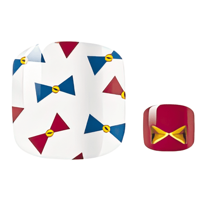 Colourful bowtie pattern pedicure wraps in red blue yellow on white background