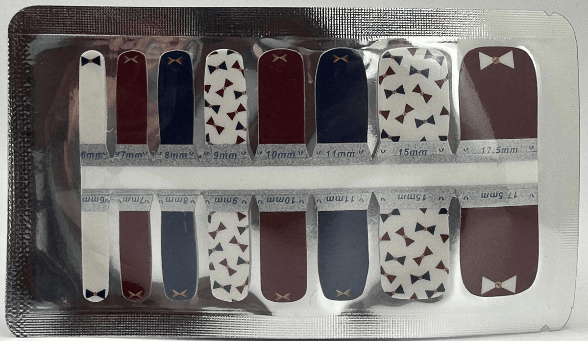 Pedicure nail wraps with red navy and white bowtie patterns for toenails