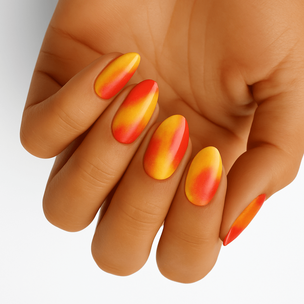 Orange to red gradient nail wraps on hand showing colour changing effect