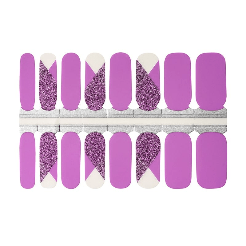 Purple glitter nail wraps sheet showing classic manicure design strips