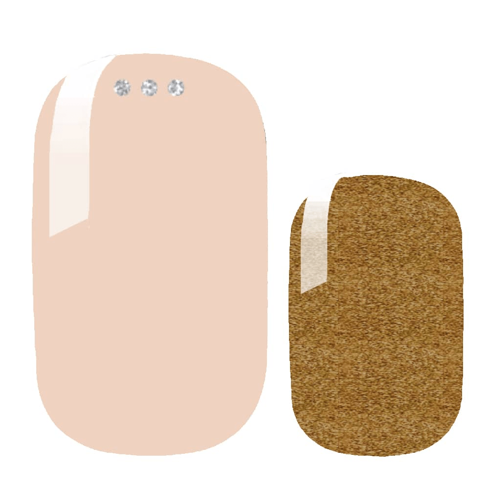 Nude glossy nail wraps with crystal accents, paired with bronze glitter wrap
