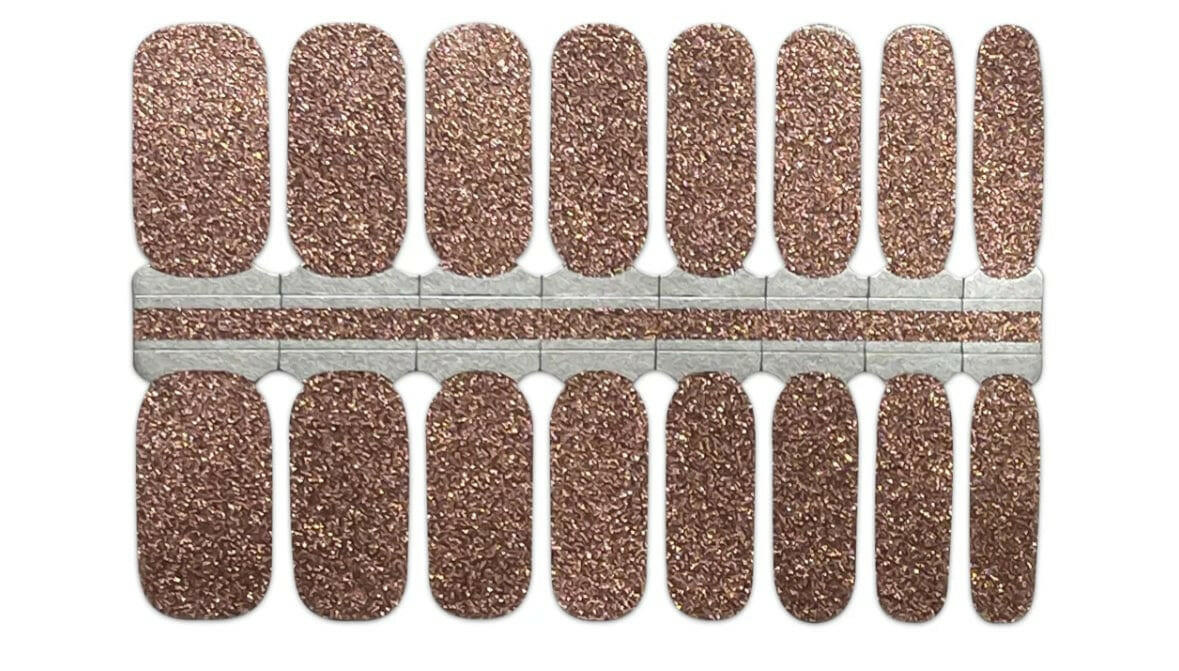 Bronze glitter nail wrap sheet showing multiple sizes for DIY nail art application