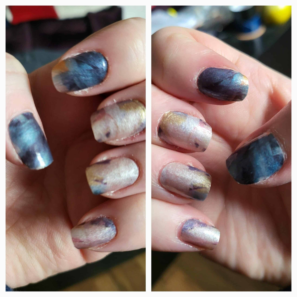 Hands wearing brush stroke nail wraps showing blue grey marble nail art