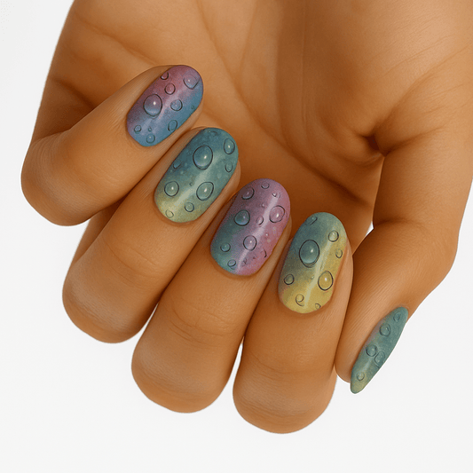 Holy Classics nail wraps in matte purple-blue-green ombré with 3D raindrop bubble texture