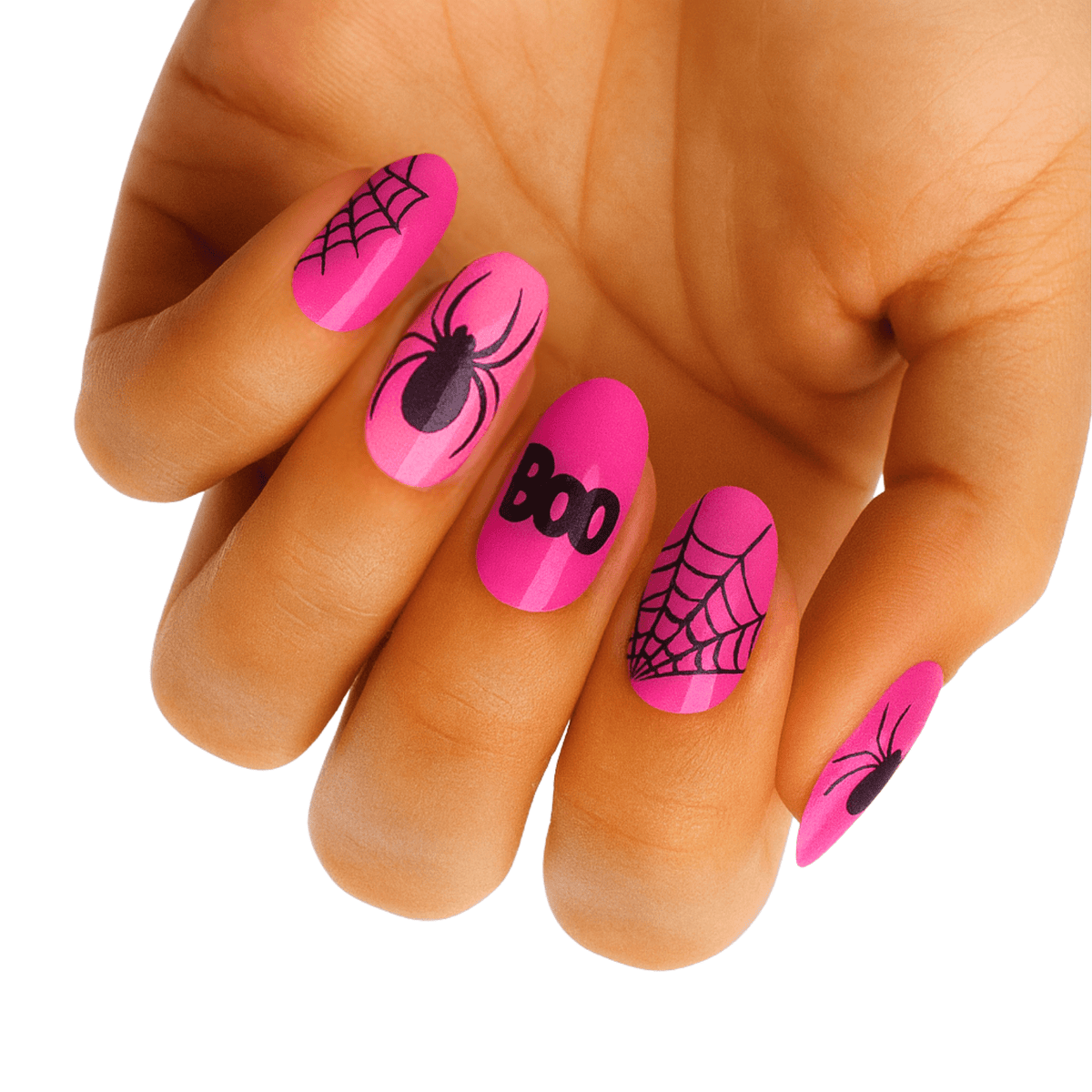 Pink Halloween nail wraps with black spider webs and BOO text on hand