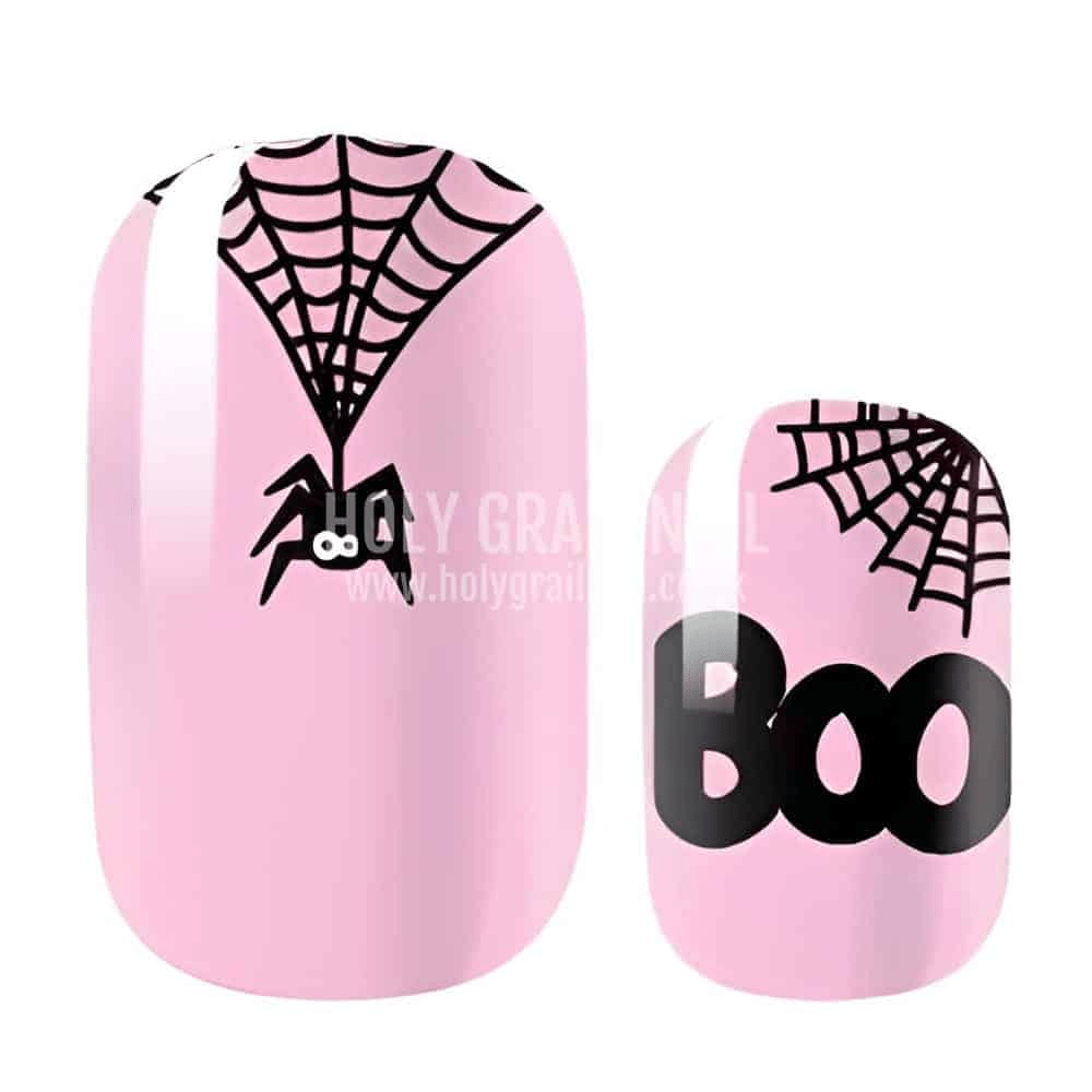 Non-UV nail wraps featuring pink base with black spider and BOO Halloween designs