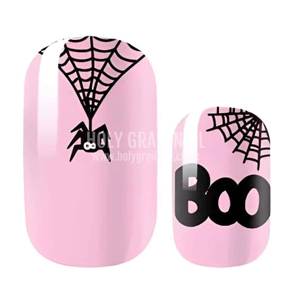 Non-UV nail wraps featuring pink base with black spider and BOO Halloween designs