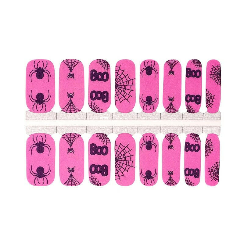Pink nail wraps with black spiders, spiderwebs and "Boo" Halloween print