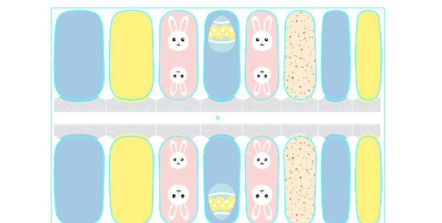 Easter bunny nail wraps sheet with pastel pink, blue, yellow designs and speckled patterns