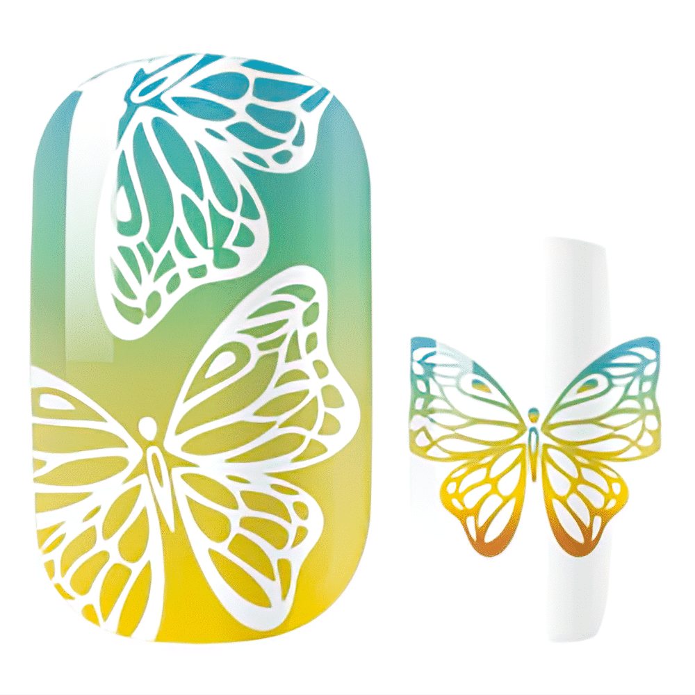 Green yellow gradient nail wrap with tropical butterfly design for nail art