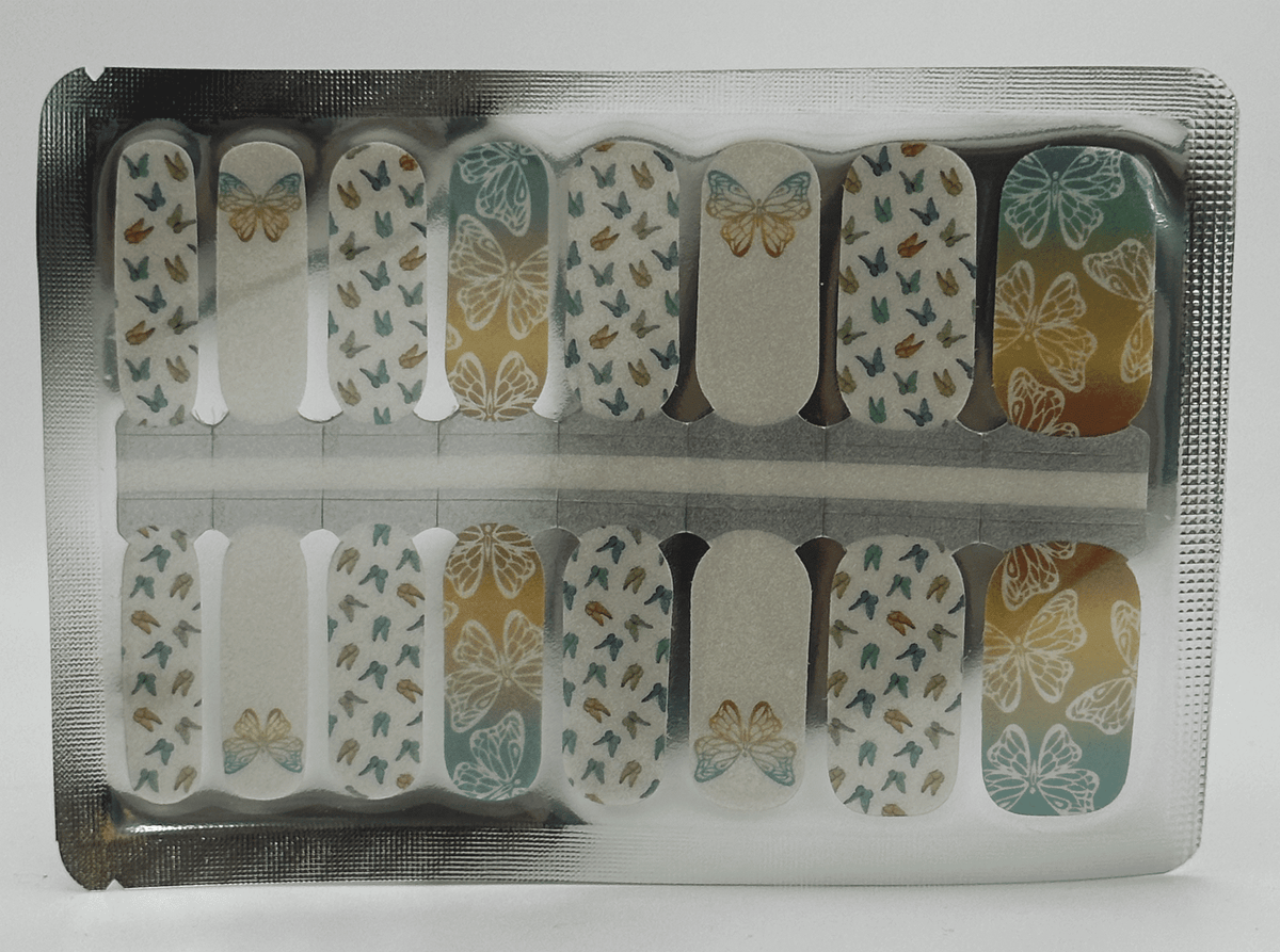 Butterfly nail wraps sheet showing tropical green and yellow butterfly designs