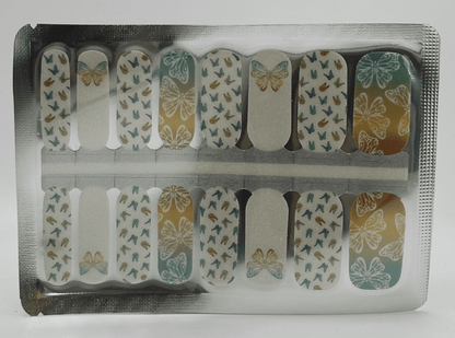 Butterfly nail wraps sheet showing tropical green and yellow butterfly designs