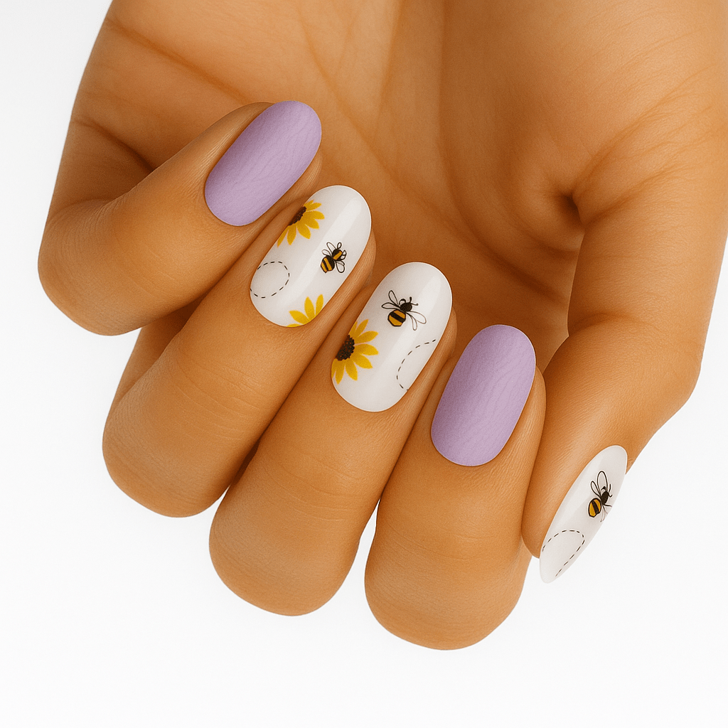 Lavender and white nail wraps with bee design on hand showing spring nail art