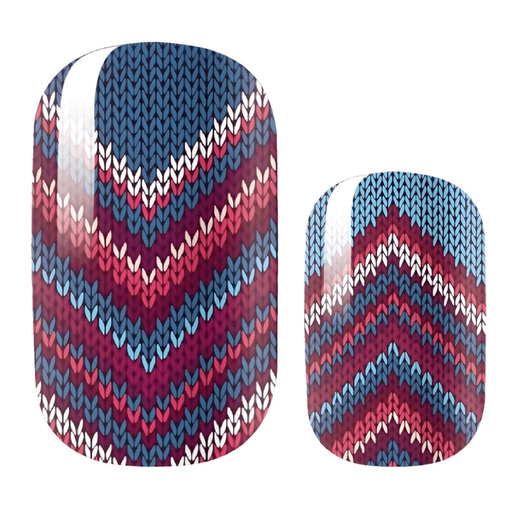 Cable knit nail wraps showing blue burgundy chevron pattern in two sizes