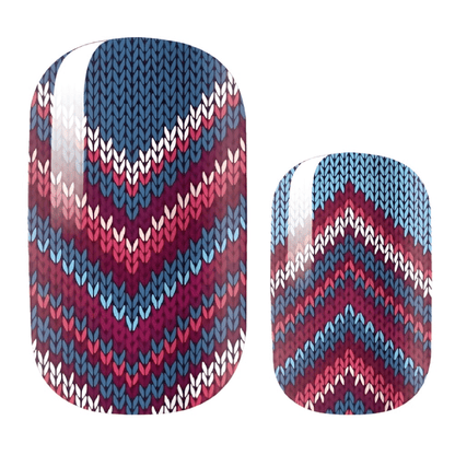 Cable knit nail wraps showing blue burgundy chevron pattern in two sizes