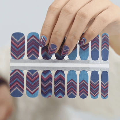 Nail wraps with blue, burgundy and grey chevron cable-knit pattern, matte finish