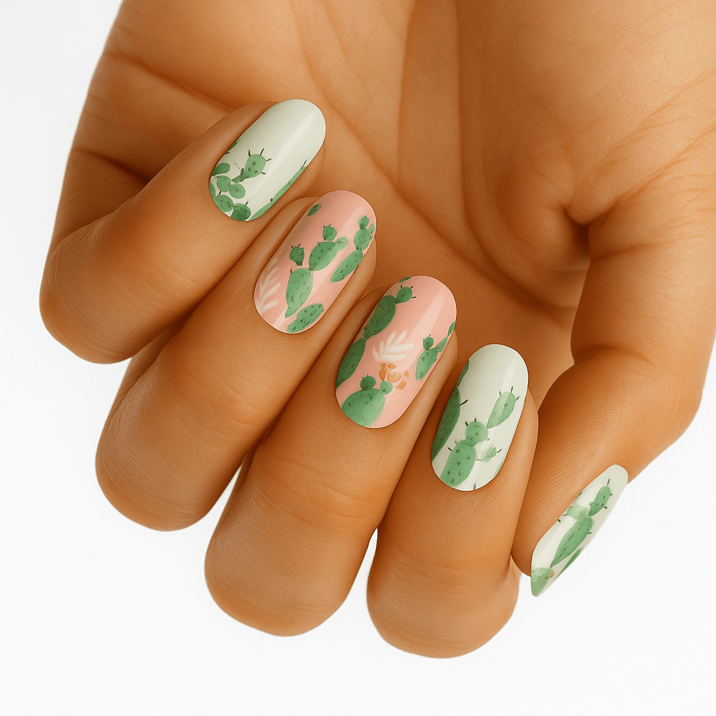 Green cactus pattern nail wraps on hand showing botanical nail art design