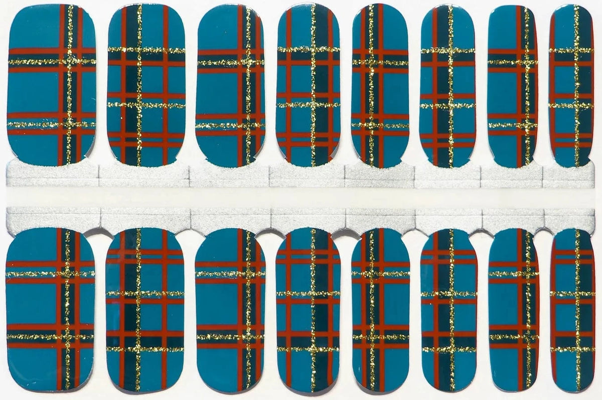 Sheet of teal tartan nail wraps with gold metallic lines in Scottish plaid pattern