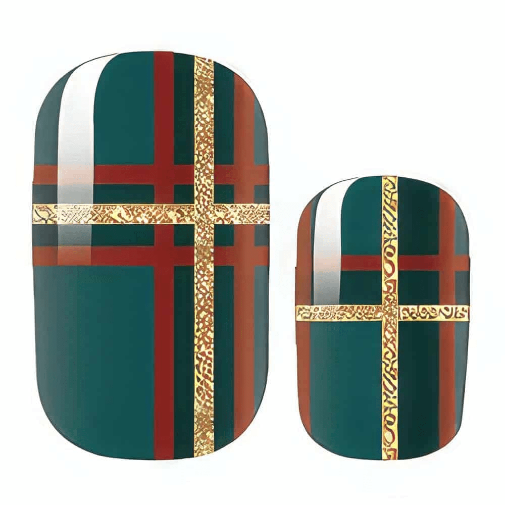 Teal and red tartan nail wraps with gold accents showing Scottish plaid pattern design