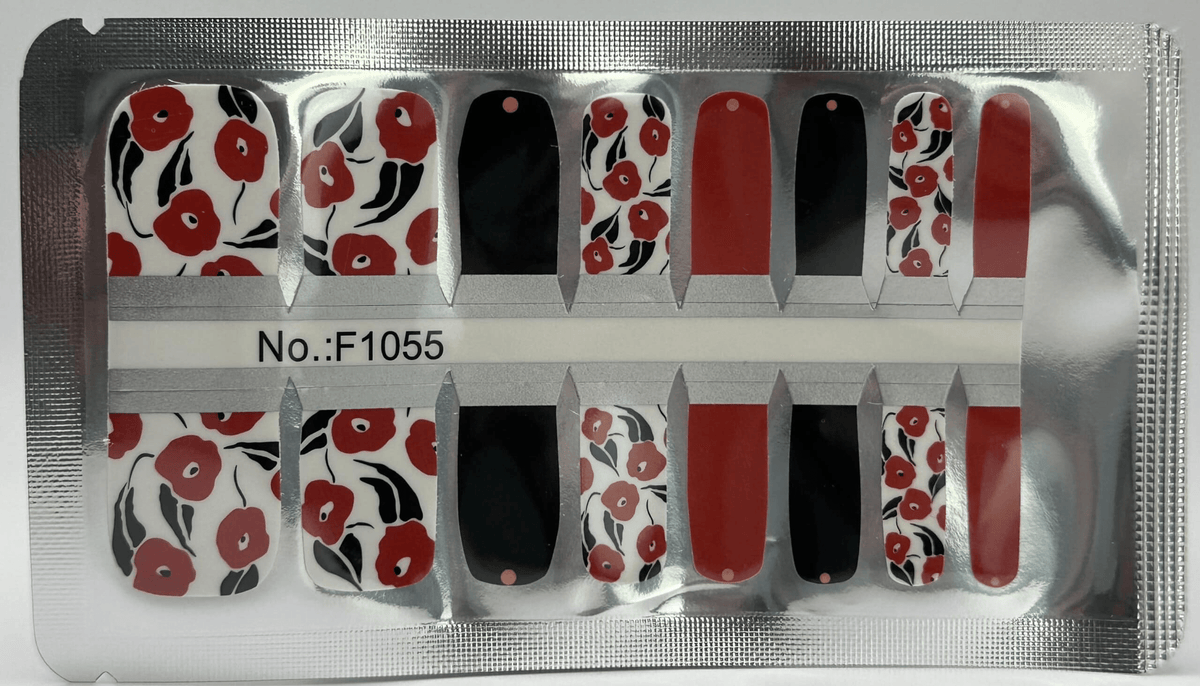 Pedicure nail wraps sheet featuring red floral design with black and solid colour options