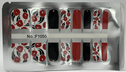 Pedicure nail wraps sheet featuring red floral design with black and solid colour options
