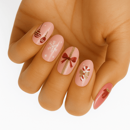 Pink Christmas nail wraps with candy cane and ribbon designs on hand