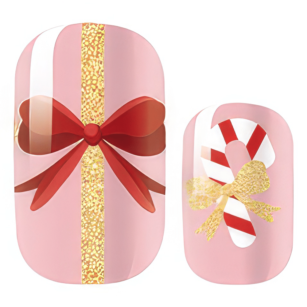 Pink nail wraps featuring gold glitter, red ribbons and candy cane patterns