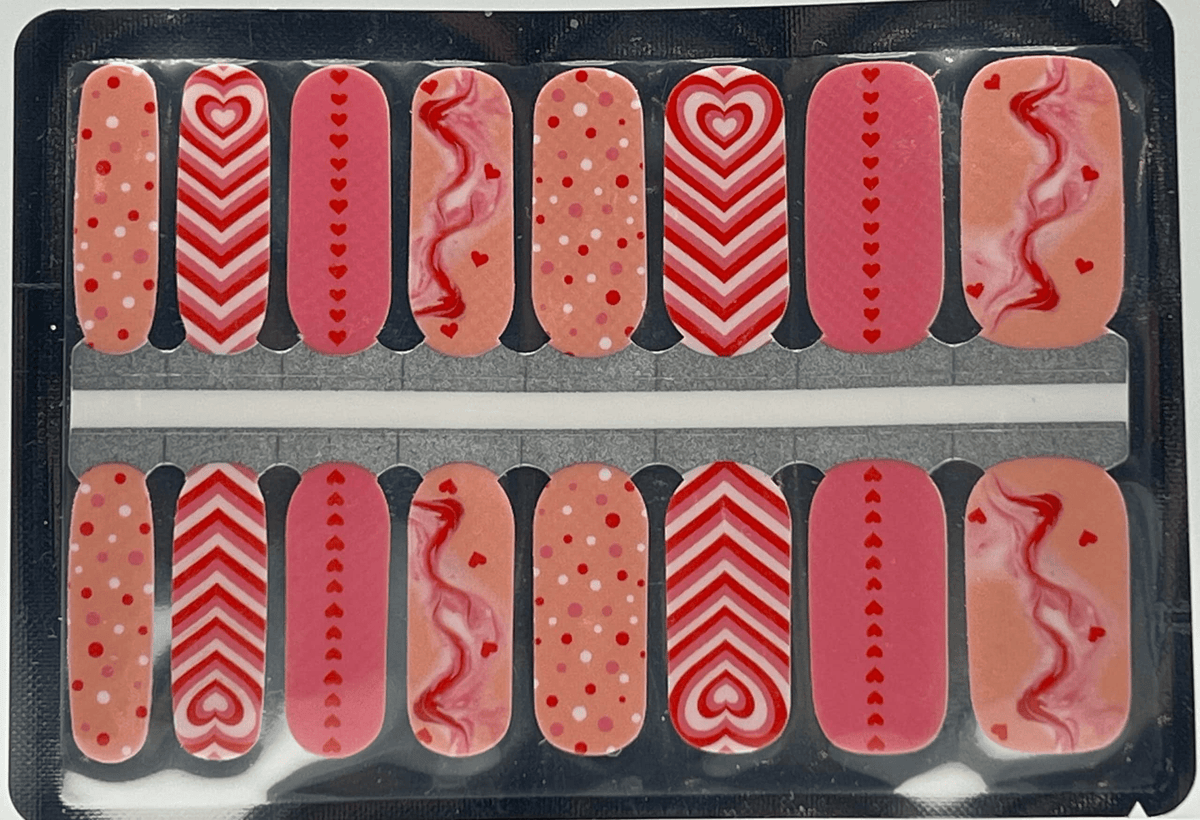 Pink and red nail wraps sheet with hearts chevron dots valentine's day patterns