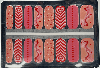 Pink and red nail wraps sheet with hearts chevron dots valentine's day patterns