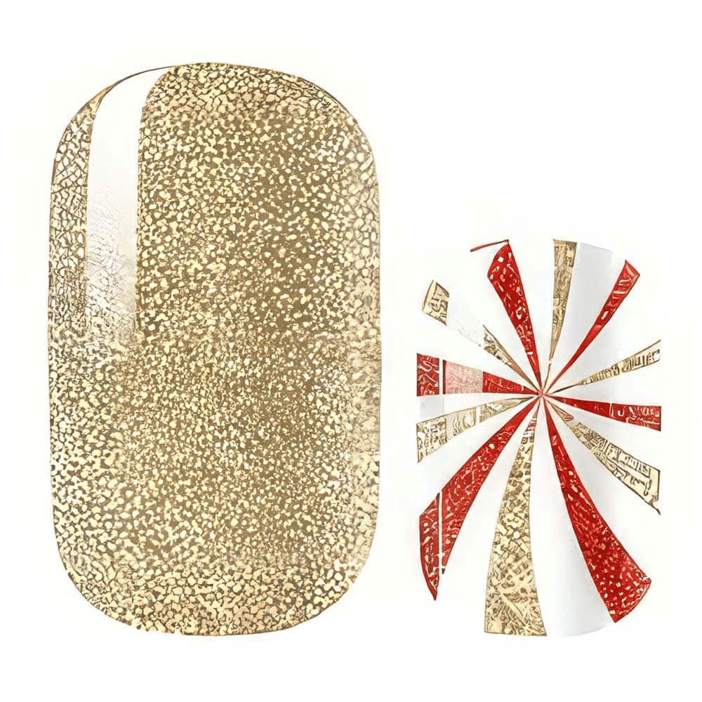 Gold glitter nail wrap with red white candy cane swirl pattern for festive manicure