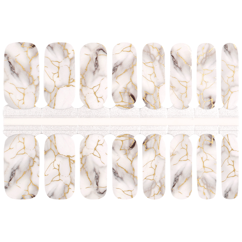 White and grey marble nail wraps with golden crackled veining, glossy finish