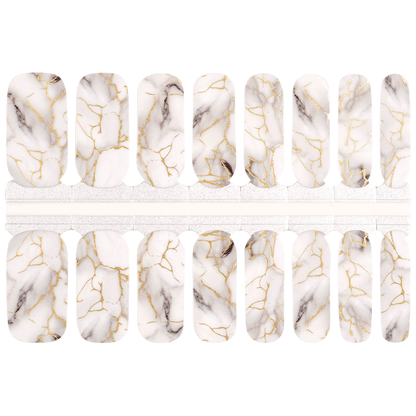 White and grey marble nail wraps with golden crackled veining, glossy finish