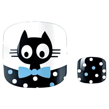 Black cat cartoon pedicure nail wraps with blue bow tie and white polka dots