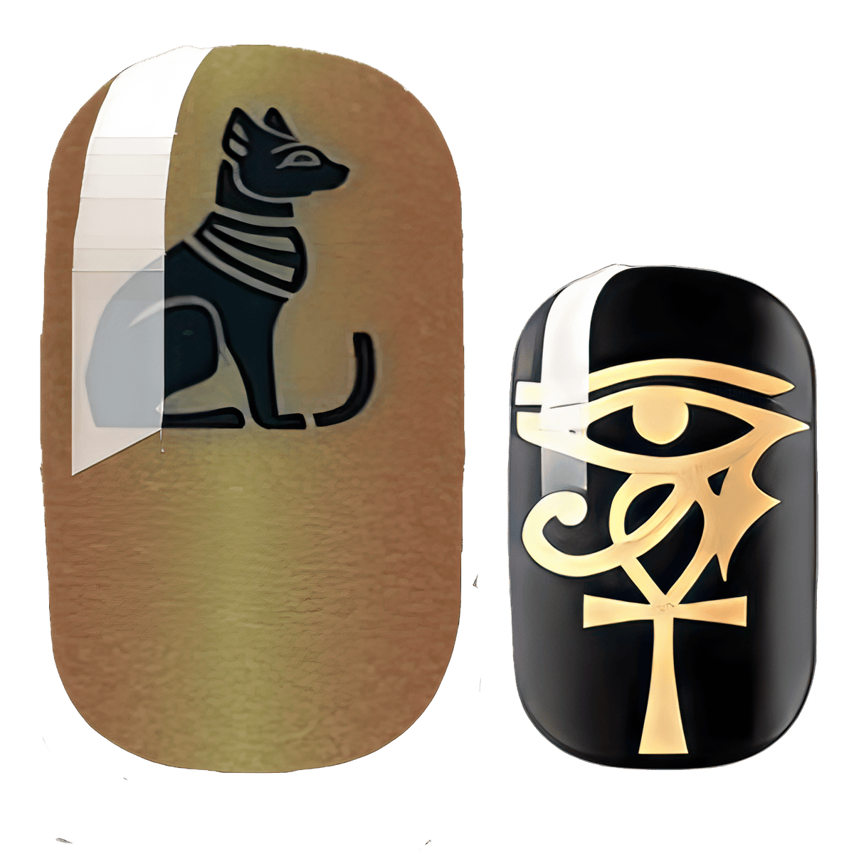 Non-UV nail wraps with Egyptian cat and eye of Horus designs in black and gold
