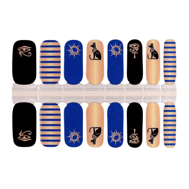 Egyptian cat themed nail wraps in black, blue, gold and striped patterns with hieroglyphic designs