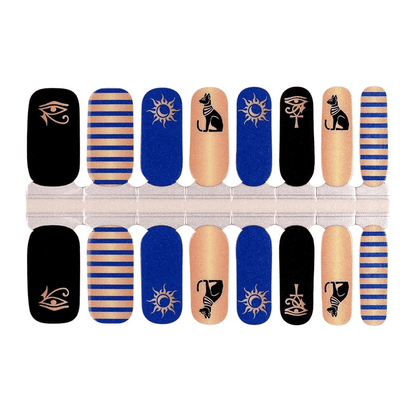 Egyptian cat themed nail wraps in black, blue, gold and striped patterns with hieroglyphic designs